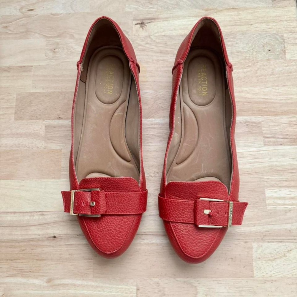 Cherry Red Faux Leather Loafer Size 10 Gold Buckle Vegan